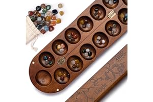 Lingle Deluxe Mancala Set: Real Wood Hinged Board with 48 Natural Multicolor Stones - Authentic African Petroglyphs, Foldable Design for 2-Player Strategy Game