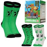 Minecraft Boys Crew Socks - Soft, Breathable Youth Socks Pack of 3 or 5 - Gamer Gifts (Green, 7-10 Years)