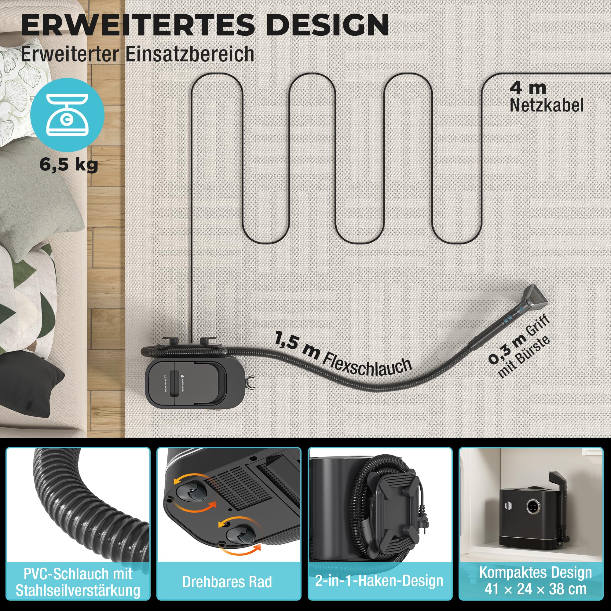 UMI Waschsauger, Dampfreiniger mit 14 kPa Saugkraft, Teppichreiniger mit 4 Reinigungsmodi, Polsterreiniger mit Hochtemperaturfunktion, Doppeltanksystem, Teppichreiniger mit Reinigungsmittel 9