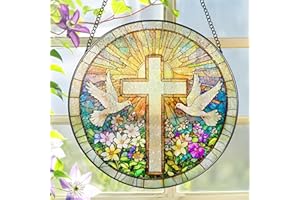 Cross and Wildflowers Stained Glass Suncatcher, 8 Inch Christian Stained Glass Windows Hanging, Flower Cross Gift for Religio
