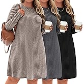 Evervibe 3 Pack Women's Plus Size Sweater Tunic Dresses, Long Sleeve Crew Neck Knit Dresses Loose Fit for Casual Fall Winter