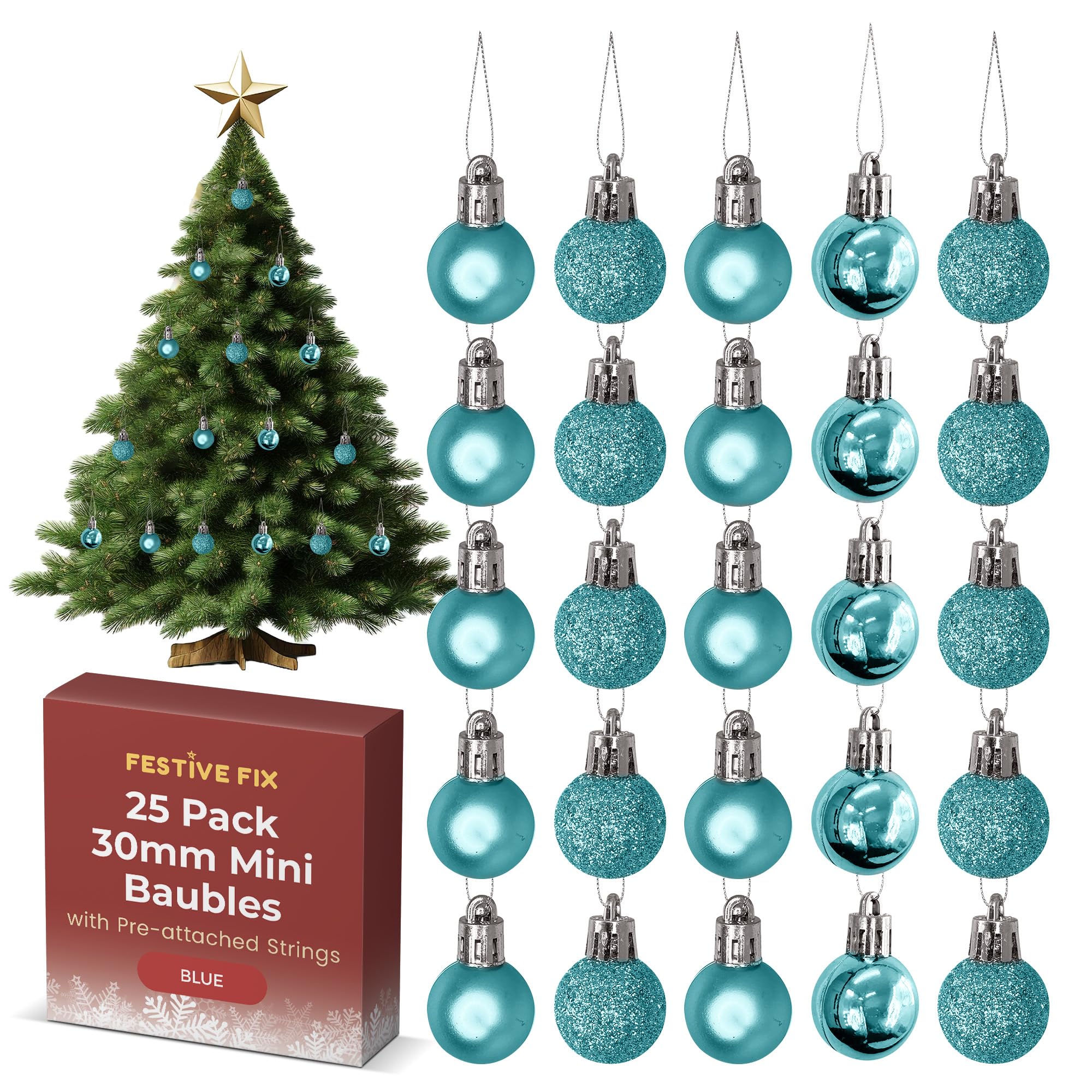 Festive Fix 25 Ice Blue Mini Christmas Baubles – Shatterproof, Lightweight Small Tree Decorations for Xmas, Home, Party & Festive Displays