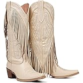 Mattiventon Cowboy Boots for Women Fringe Knee High Cowgirl Western Boots with Classic Embroidery Pointed Toe Chunky Heel for Weddings Parties