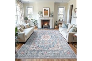 FLAGOVER 5x7 Washable Boho Area Rug, Blue Vintage Non-Slip Rug, Low Pile Floral Indoor Rugs, Soft Wool Rug Distressed Print Pattern Carpet for Living Room, Bedroom, Kitchen, Dining Room and Office