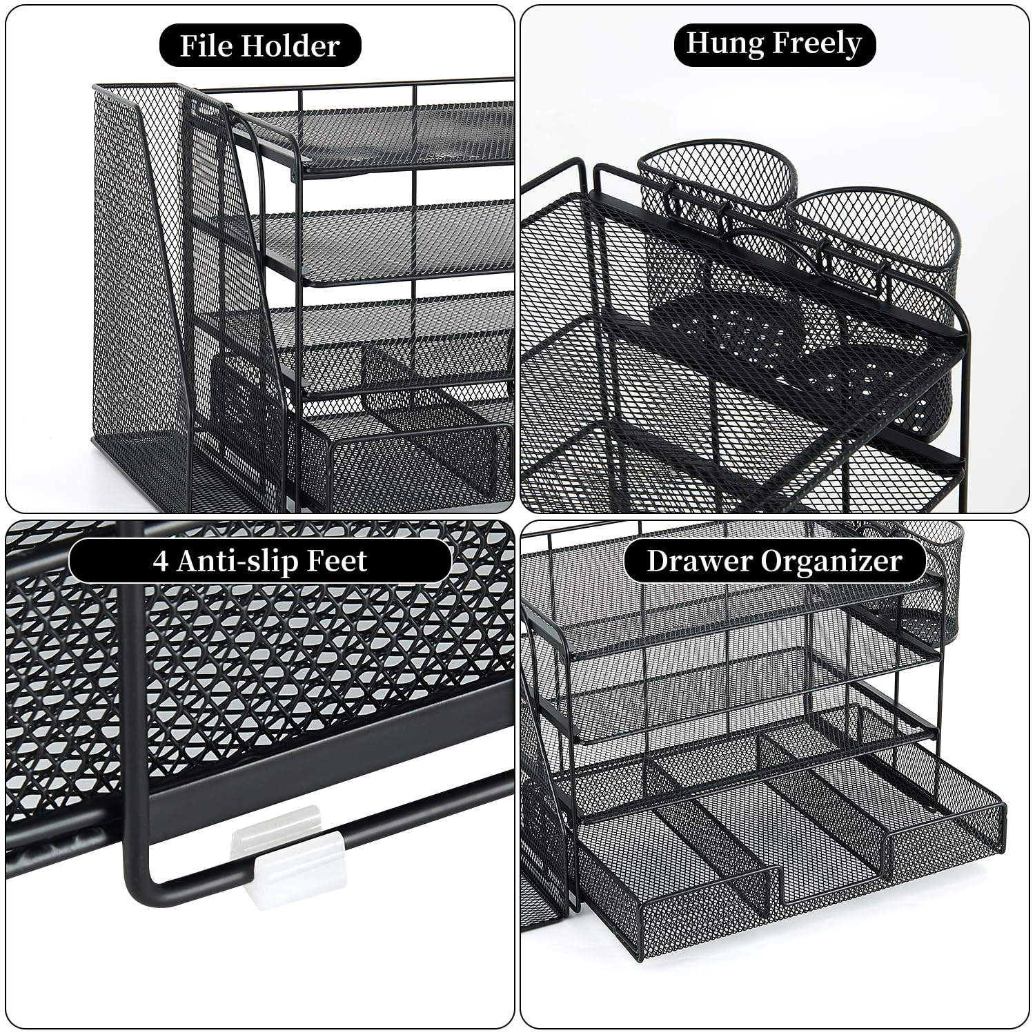 gianotter Desk Organizers and Accessories with File Holder, 4-Tier Desk Accessories & Workspace Organizers with Drawer and 2 Pen Holder, Paper Organizer for Office Supplies (Black)