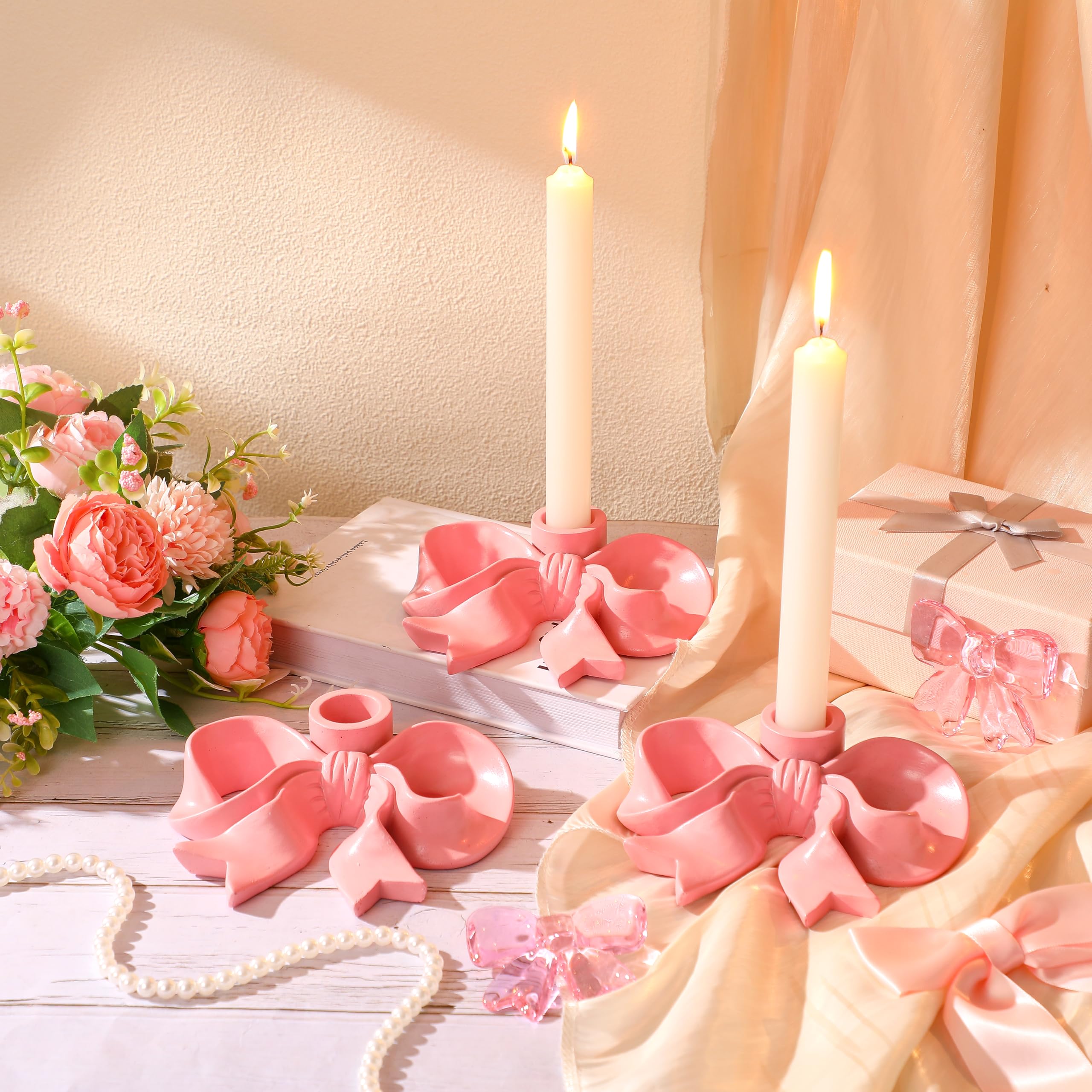 Photo 1 of Mumufy 3 Pcs Large Pink Bow Candle Holder Candlestick Holder Decorative Candle Stand Centerpiece for Wedding Dining Party Decor Home Table Decoration Photo Prop Fit 0. 95 Inch, 5. 5 x 4. 84 Inch