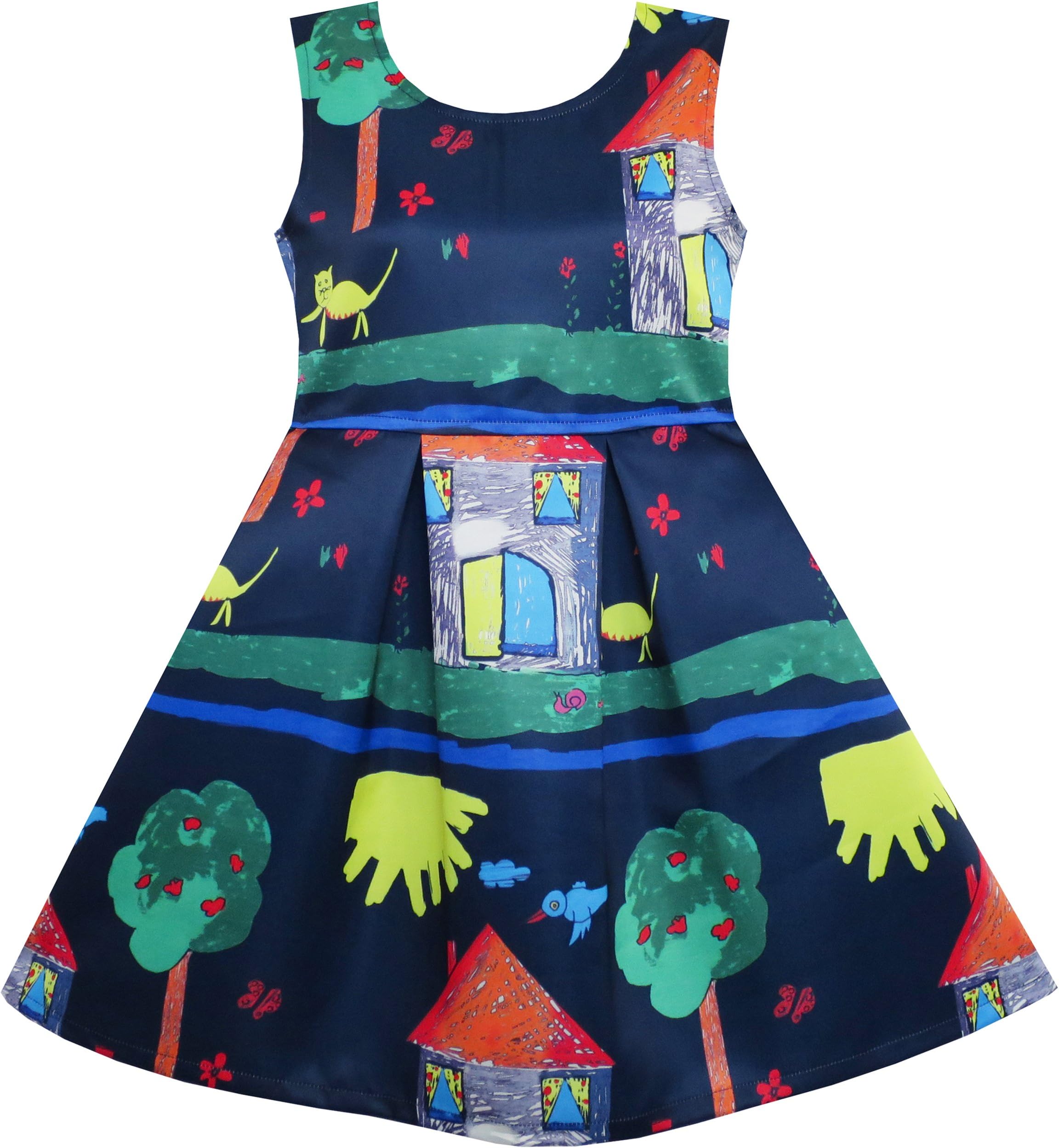 Sunny Fashion Girls Dress Navy Blue Flower Belt Vintage Party Age 6-14 Years
