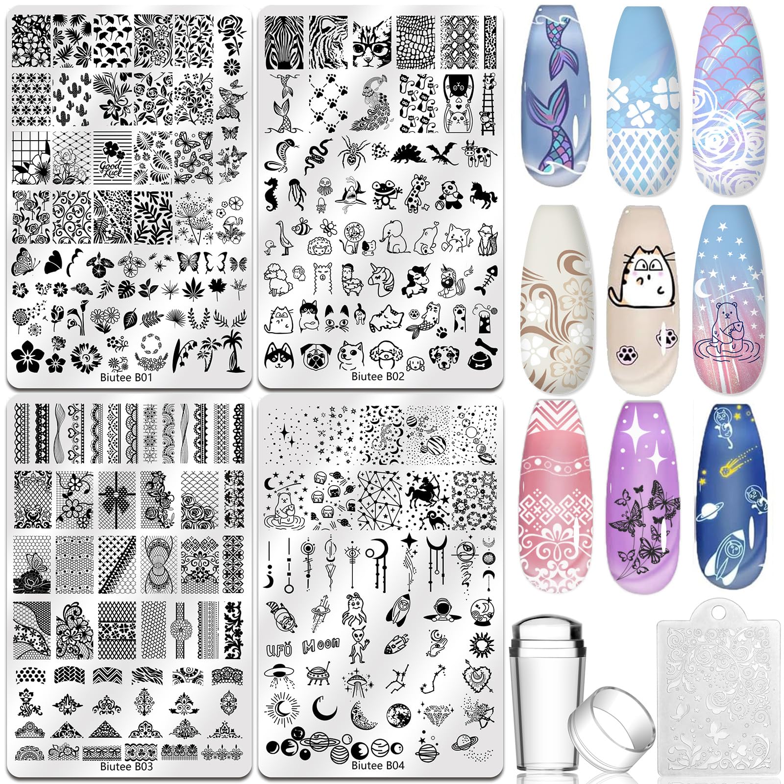 Photo 1 of Biutee 4PCS Nail Stamping Plates Set, Includes Nail Art Stamper & Scraper - French Line Lace, Space, Animal, Flower, Leaf Designs - Large Nail Art Stencils Templates for DIY Manicure