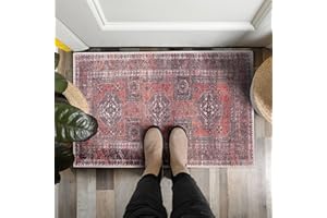 Adiva Rugs Machine Washable 2x3 Area Rug with Non Slip Backing for Living Room, Bedroom, Bathroom, Kitchen, Printed Vintage Home Decor, Floor Decoration Carpet Mat (RED/Brown, 2' x 3')