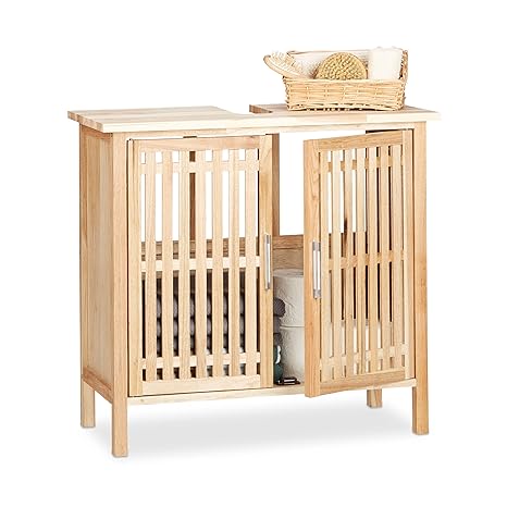 Relaxdays Waschbeckenunterschrank stehend, kleiner Unterschrank aus Walnuss, Badschrank mit Siphon-Ausschnitt, natur