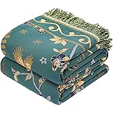 VANJOROY Boho 100% Organic Cotton Muslin Throw Blanket 50" x 60" - All Season Rustic Ultra Soft Breathable Floral Bird Blanket for Bed Sofa Couch Chair Bedspread Quilt Gift-Teal/Beige