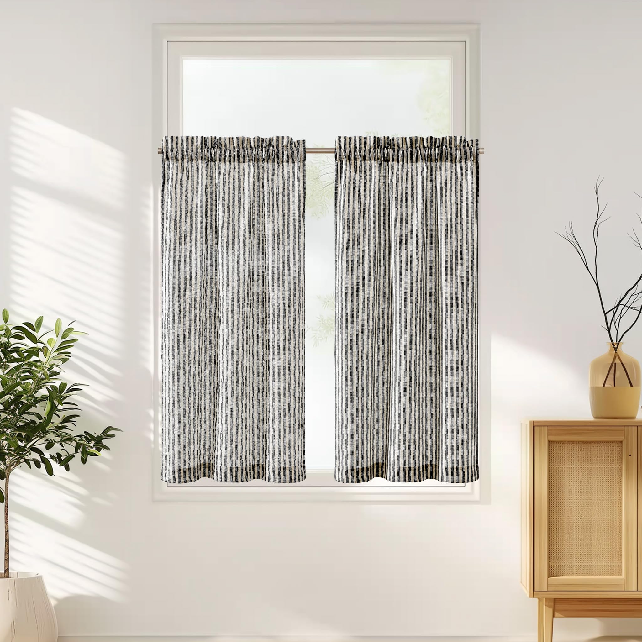 TOPICK Black Striped Kitchen Curtains 45 Inch Drop, Light Filtering Rod Pocket Small Cafe Curtains, Short Half Window Curtain Tier 2 Panels for Bathroom, Cupboard Base, Sink, Bedroom, W 26 x L 45 Inch