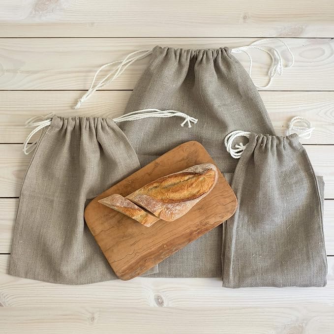 Varvara Home 3-er Pack Brotbeutel aus Bio Leinen - Brot Tasche - Leinenbeutel - Beutel Stoff Leinen - Natur