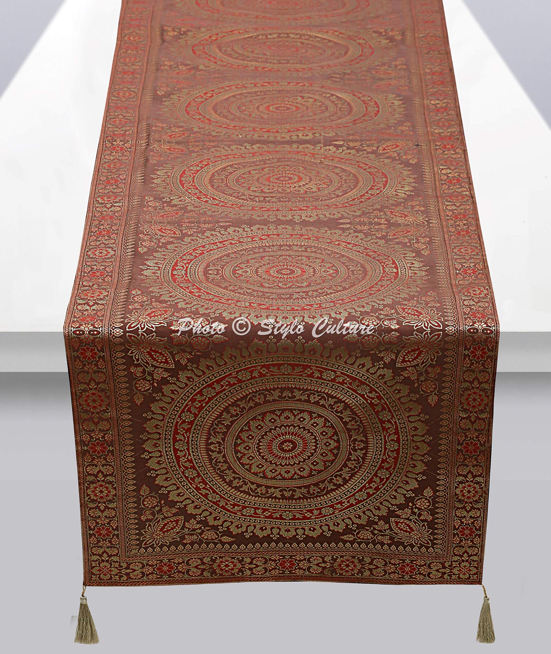 Stylo Culture Ethnic Table Runner For Dining Room Coffee Brown Gold Indian Round Mandala Jacquard Tassel Work Home Decor Wedding Tablecloth Brocade Rectangle Table Cloth Placemat 68x16 Inches