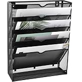 EASEPRES Desk File Organizer Mesh 6-Tier, Hanging Wall Mount Document Organization Stand, Desktop Vertical Mail Paper Folder Holder Rack with Bottom Tray for Office Home Cubicle, Sides Closed, Black