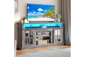 YITAHOME LED Farmhouse TV Stand for 75 Inch w/Outlets, Modern Entertainment Center with Glass Doors and Adjustable Storage Shelves, Media Console TV Cabinet for for Living Room, Grey