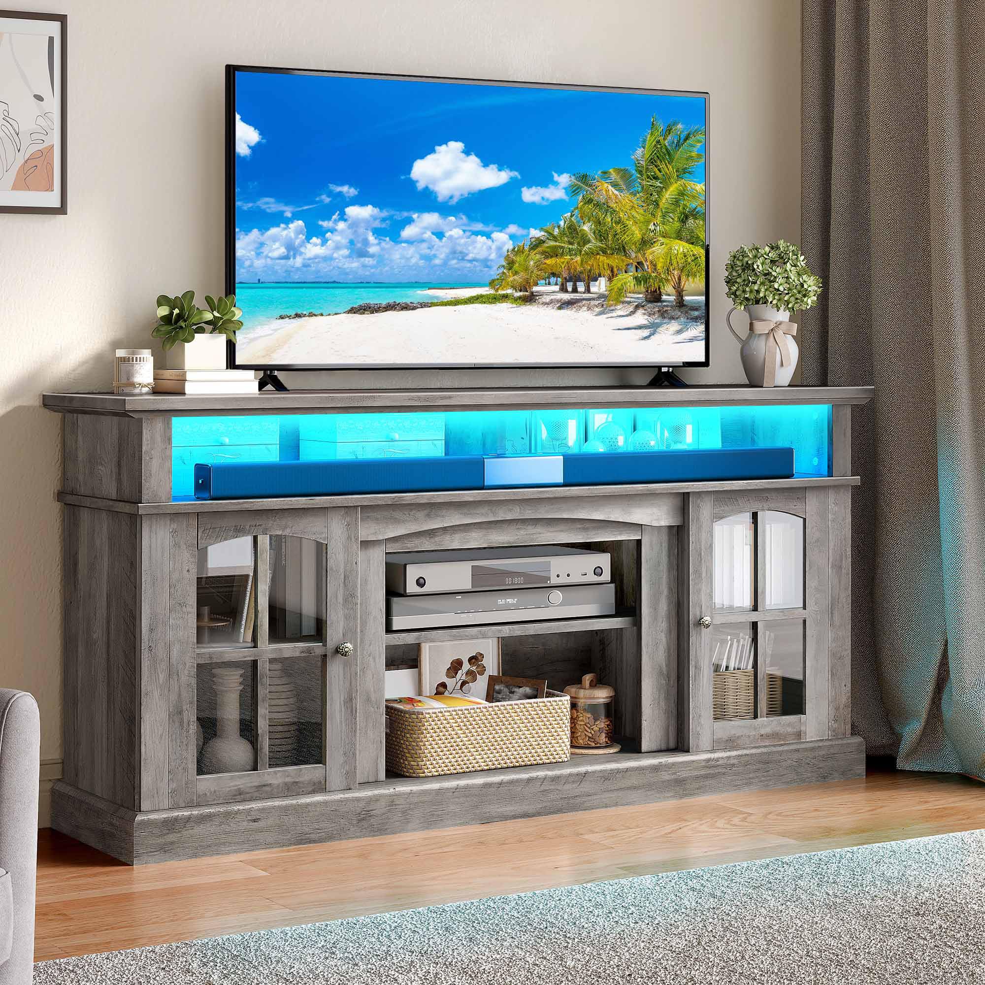 Photo 1 of YITAHOME LED Farmhouse TV Stand for 75 Inch w/Outlets, Modern Entertainment Center with Glass Doors and Adjustable Storage Shelves, Media Console TV Cabinet for for Living Room, Grey