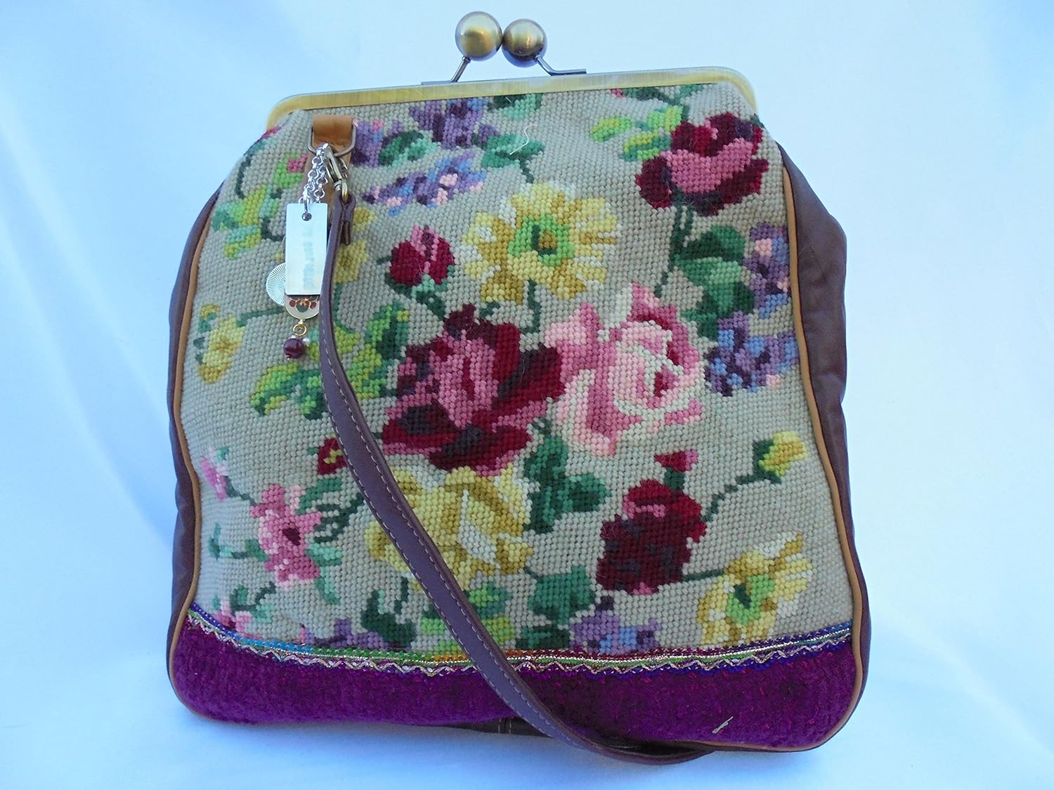Cross stitch panel bag with beaded embroidery Handmade