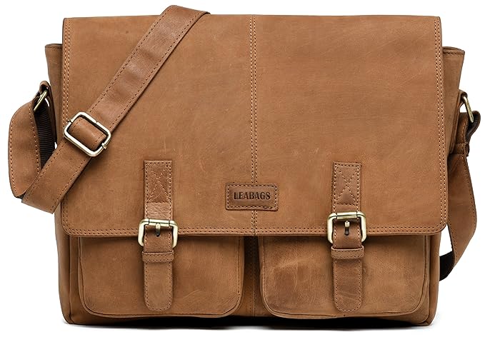 LEABAGS Cambridge Umhängetasche Schultertasche Laptoptasche 15 Zoll aus Echtleder - Braun