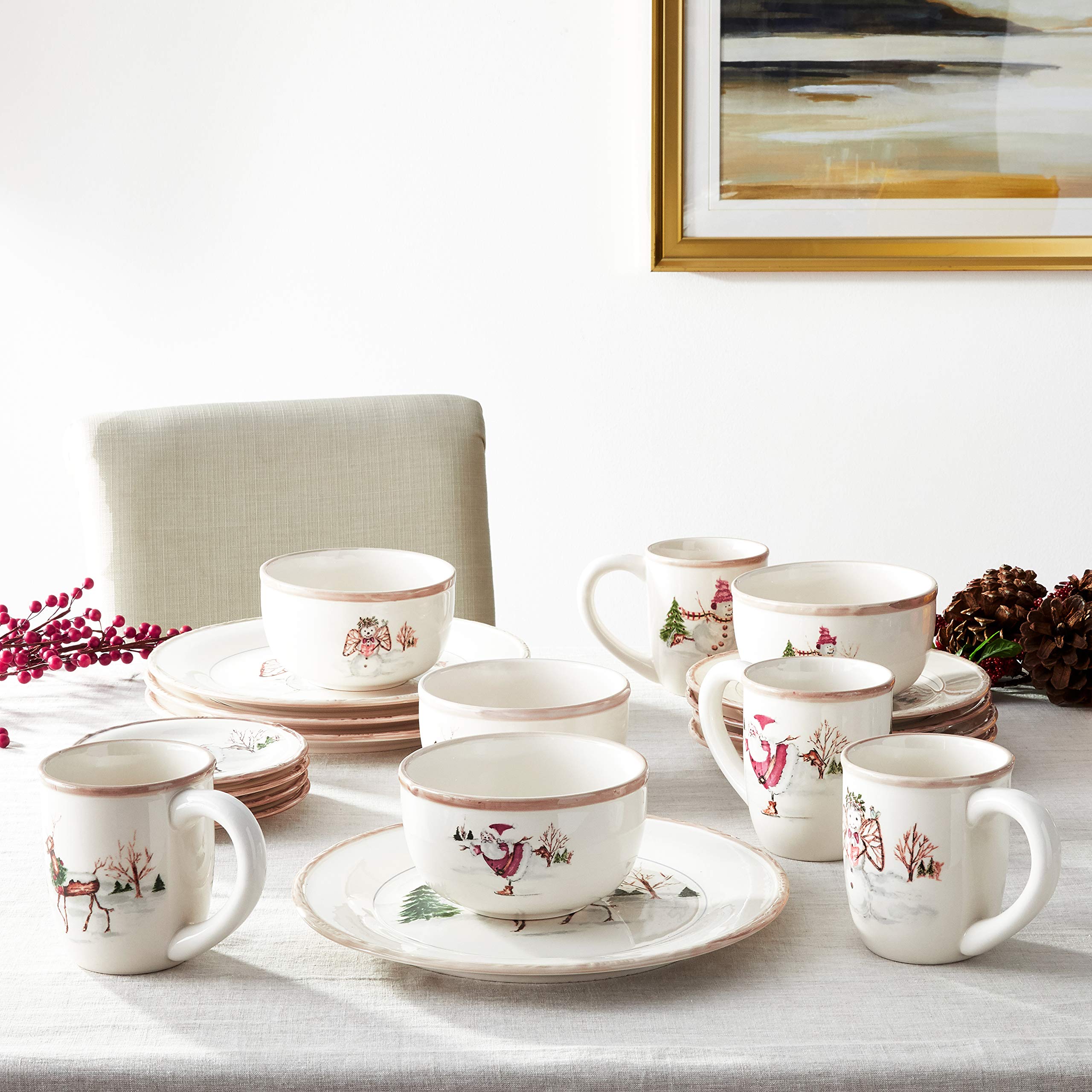 American Atelier Christmas Twig Holiday Dinnerware Set – 20-Piece Christmas-Themed Earthenware Dinner Party Collection, Unique Gift Idea for Christmas or Birthday Cream