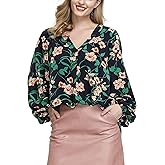 BUENOS NINOS Women's Dressy Tops Balloon Long Sleeve Blouse V Neck Casual Floral Loose Shirts