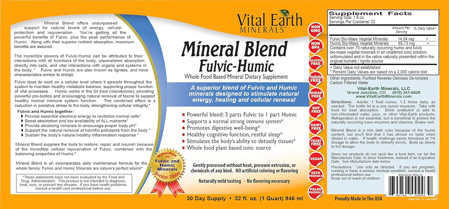 2 Pack of Vital Earth Minerals Mineral Blend Fulvic-Humic -32 Fl. Oz. - 1 Month Supply (Each) 64 oz total- Vegan Liquid Ionic Trace Mineral Multimineral Supplement - Almost Tasteless - Plant Based: Health & Personal Care