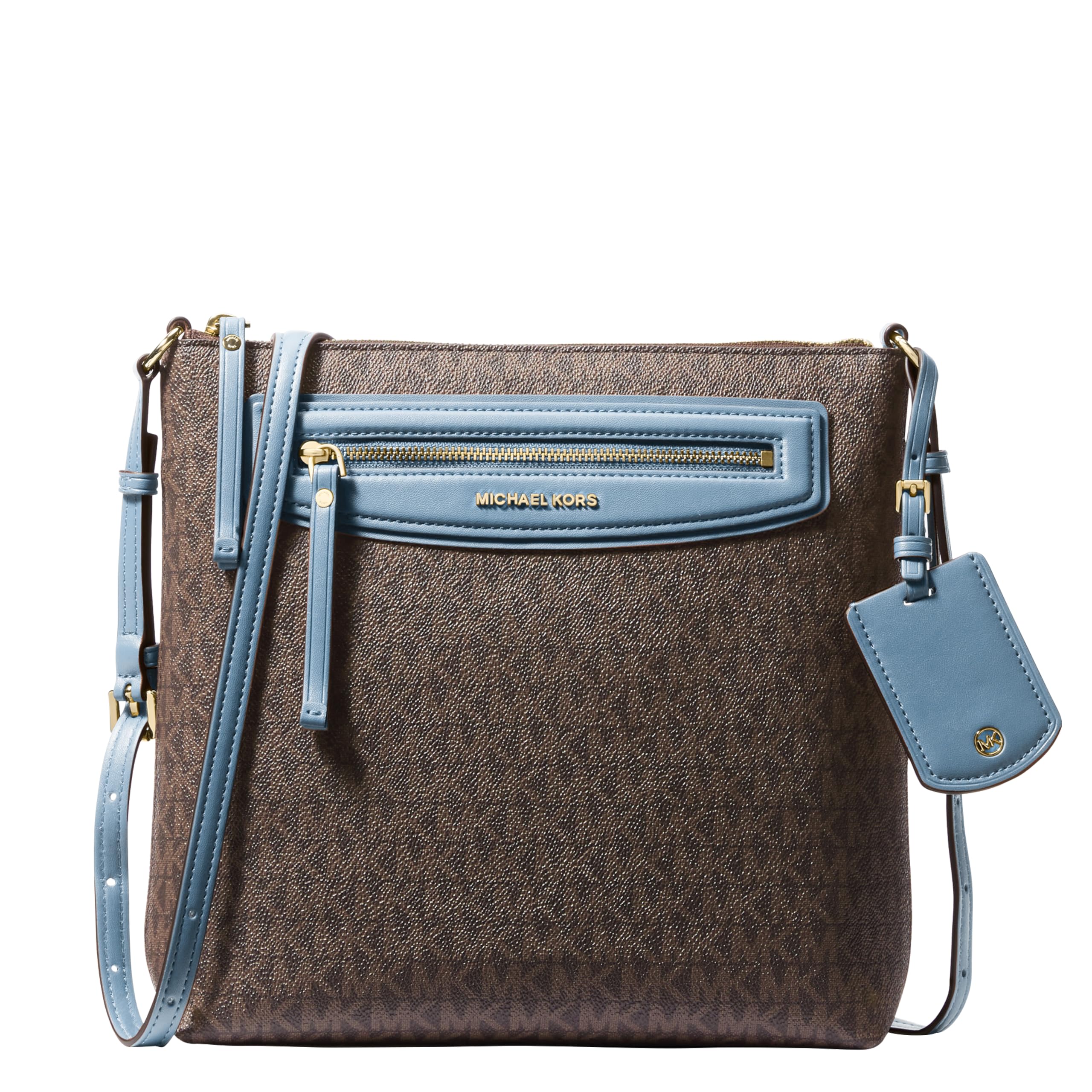 Michael Kors Women’s Jet Set Travel Large Top-Zip Crossbody, Gold-Tone Hardware/MK Signature Semi Lux Black, Chambray