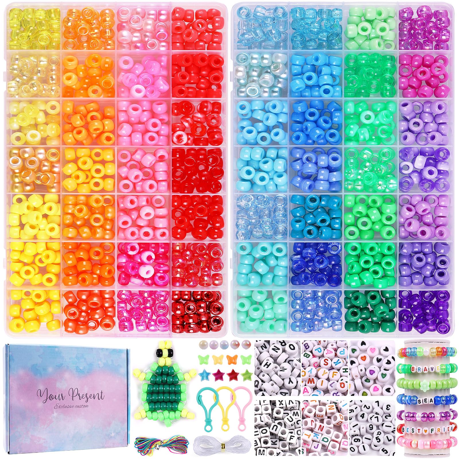 Photo 1 of 3080 Pcs Pony Beads for Bracelet Making Kit, 56 Colors 6x9mm Rainbow Kandi Beads, Friendship Kandi Bracelet Kit with 800 Pcs Colorful Alphabet Letters for Jewelry Making for DIY Crafts Gifts