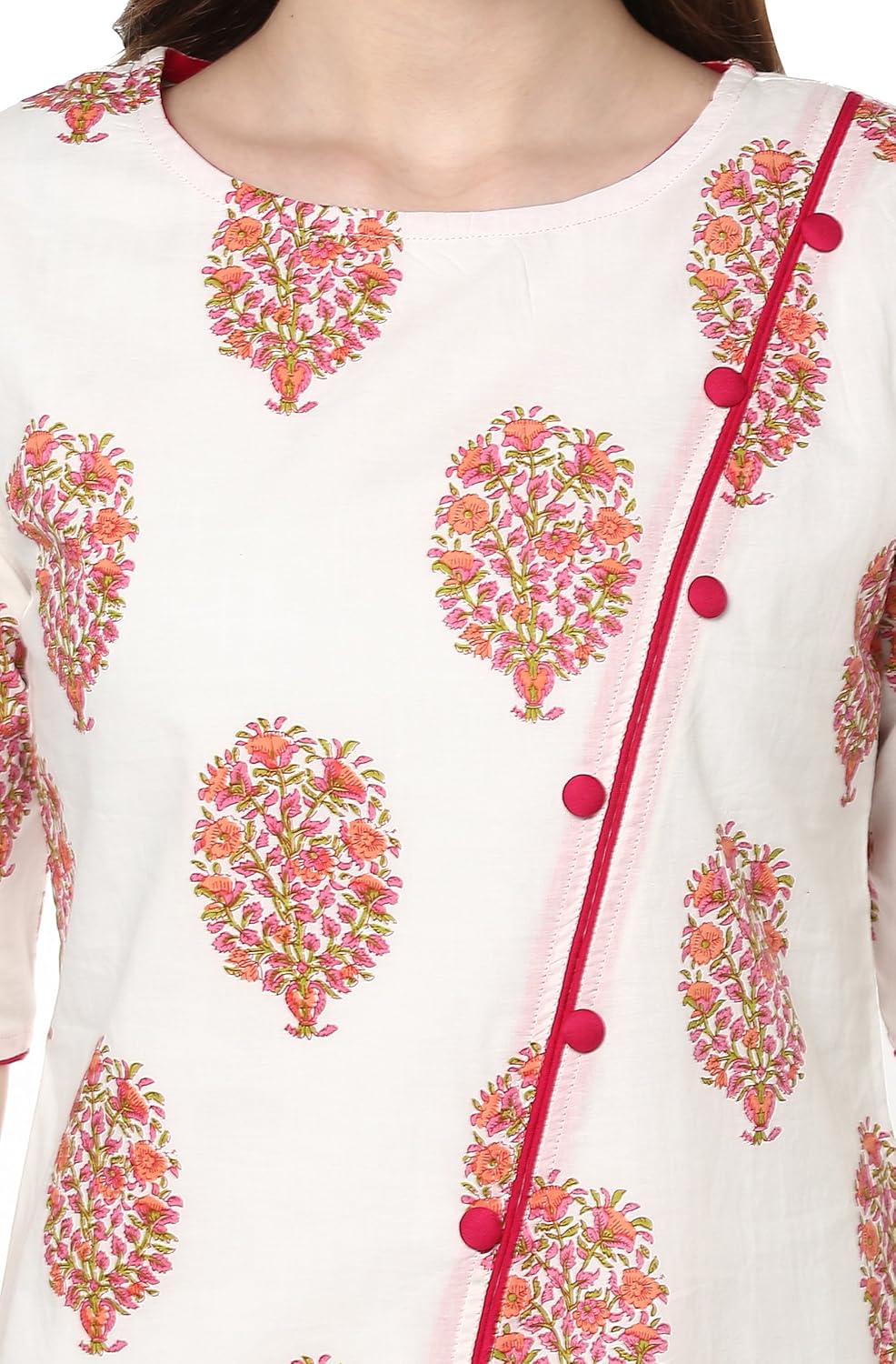 janasya women's white cotton layered floral print kurta