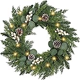 Christmas Wreath with Lights 24 Inch Real Touch Pine Wreath with White Berries/Pine Cone Prelit Christmas Wreaths for Front Door Outdoor Christmas Decorations Winter Wreath for Home Indoor Holiday