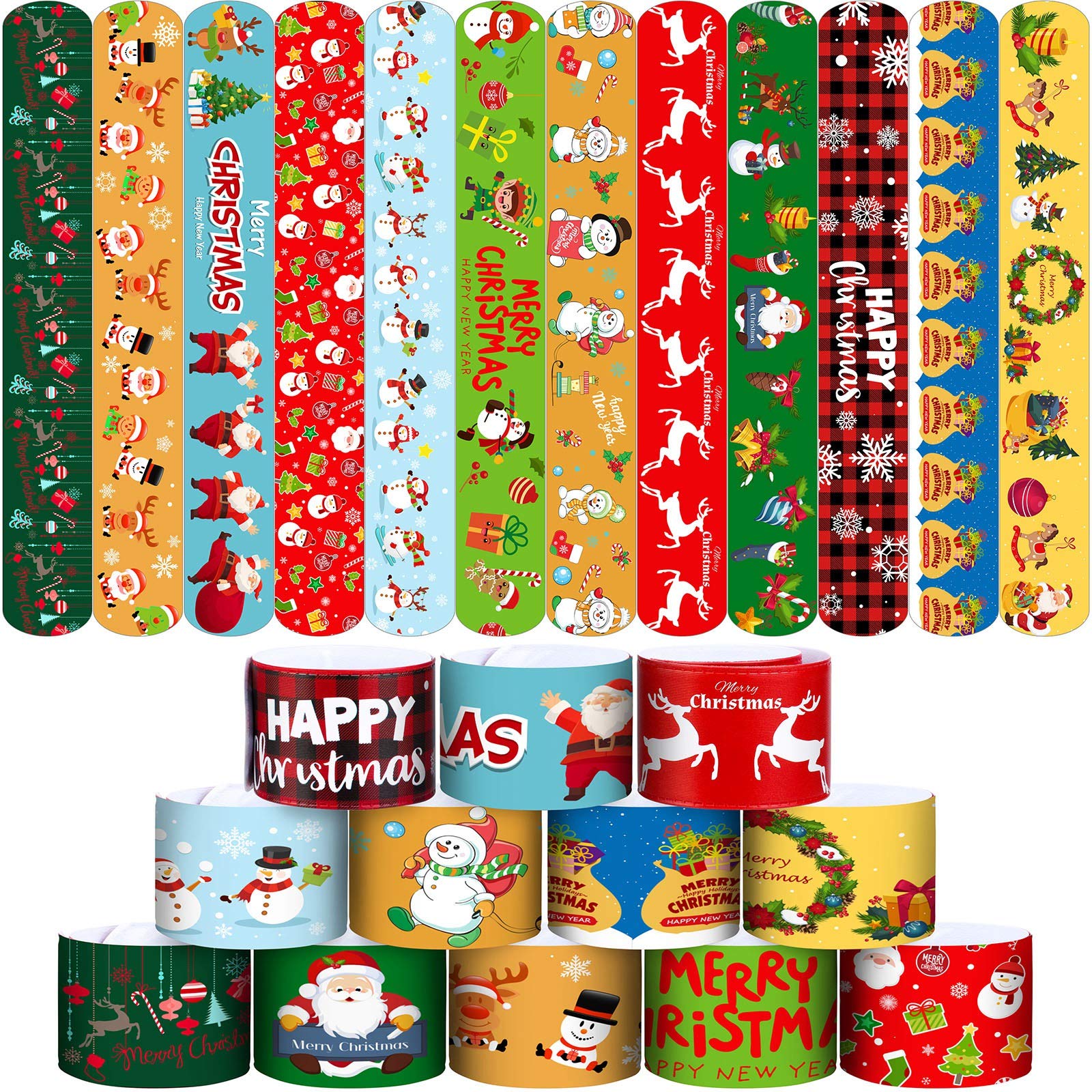 ELCOHO 48 Pack Christmas Slap Bracelets Slap Xmas Snap Bracelet Party Favors Toys Slap Bands Assorted Christmas Theme Pattern for Christmas Party Favors