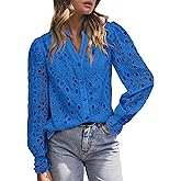 MASCOMODA Womens Tops Dressy Casual Fall Puff Long Sleeve Eyelet Button Shirts V Neck Lace Embroidered Hollow Out Work Blouse