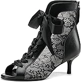 Pixoecuty Women's Mesh Lace Booties Lace Up Ankle Boots Wedding Shoes Open Toe Kitten Heels Dressy Birthday Party