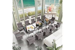 RTDTD 15 Pieces Patio Dining Set Outdoor Rattan Furniture Dinning Set with 3 Square Glass Tabletops 12 Chairs with Grey Cushions for Patio, Backyard Outdoor Kitchen Lawn & Garden