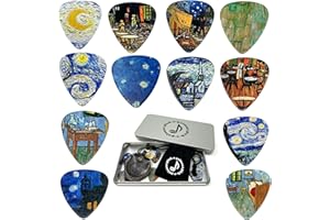Pick-a-Palooza Impressionist Guitar Picks Gift Set For Guitarist - 12 Pack Light/Medium/Heavy, Custom Collectible Tin, Leather Pick Holder, Custom Drawstring Carry Bag
