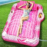 Inflatable Tanning Pool Lounger with Sprinkler, 78"x50" Pool Floats Adult | Extra Large 6 in 1 Suntan Tub Raft Floatie With Pillow, Food Drink Holder, Blow Up Tanning Bed