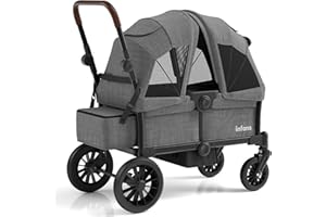 INFANS Wagon Stroller for 2 Kids, Collapsible Adjustable Push Pull Handle Bar, 2 Seater Stroller Wagon with Removable Canopy 