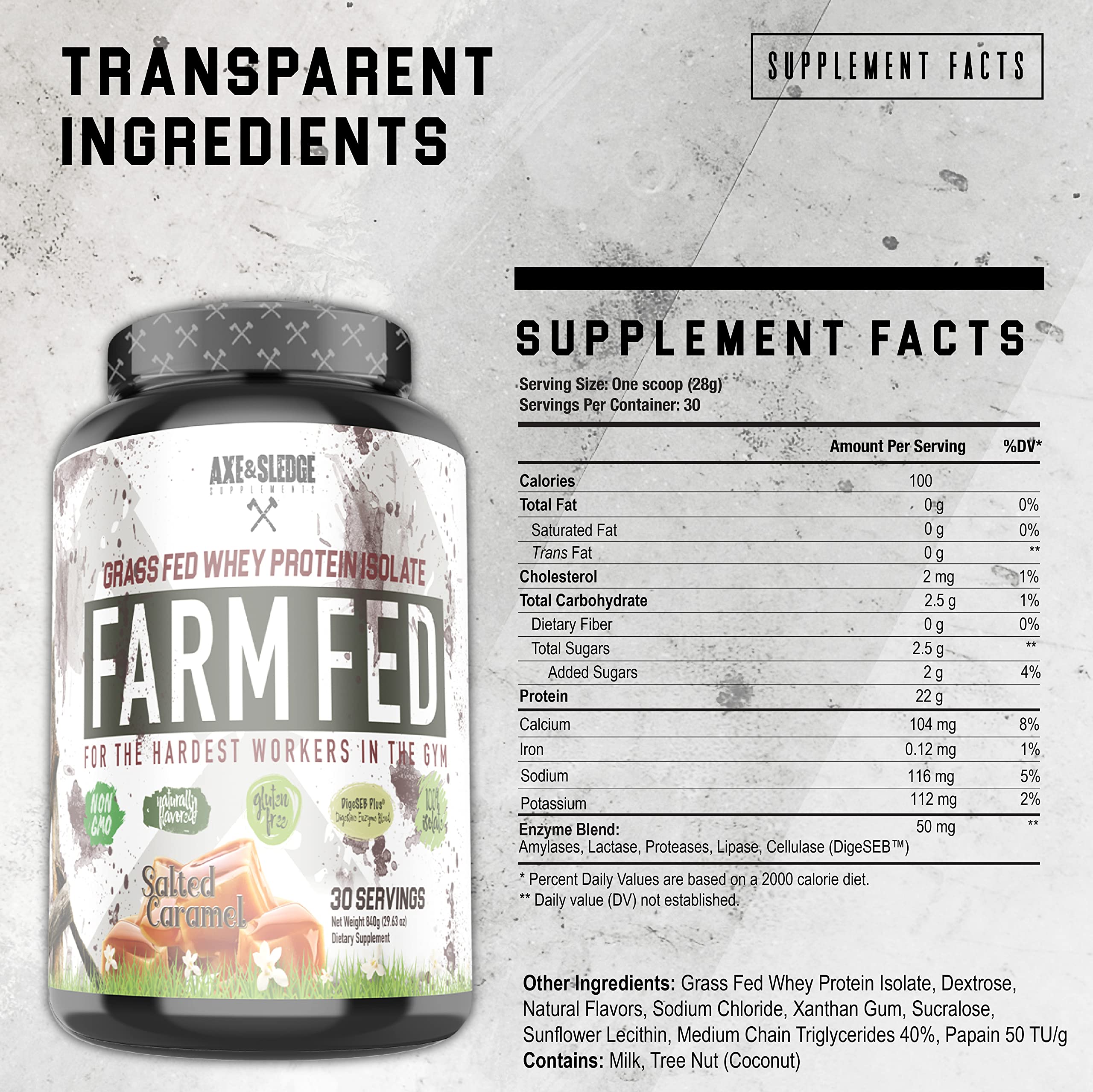 Axe & Sledge Supplements Grass-Fed Whey Protein Isolate, Digestive Enzymes, 22 Grams Protein, 30 Servings, Salted Caramel