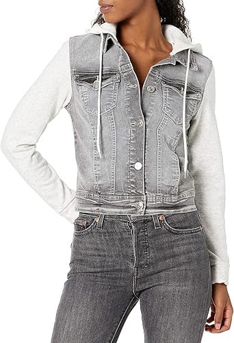 denim jacket with knit sleeves and hood