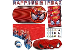 UNIQUE Spiderman Birthday Decorations | Spiderman Party Supplies | Serves 16 Guests | Marvel Superhero Spidey and His Amazing Friends | Table Cover, Spider Man Banner, Plates, Napkins, Masks and Button |
