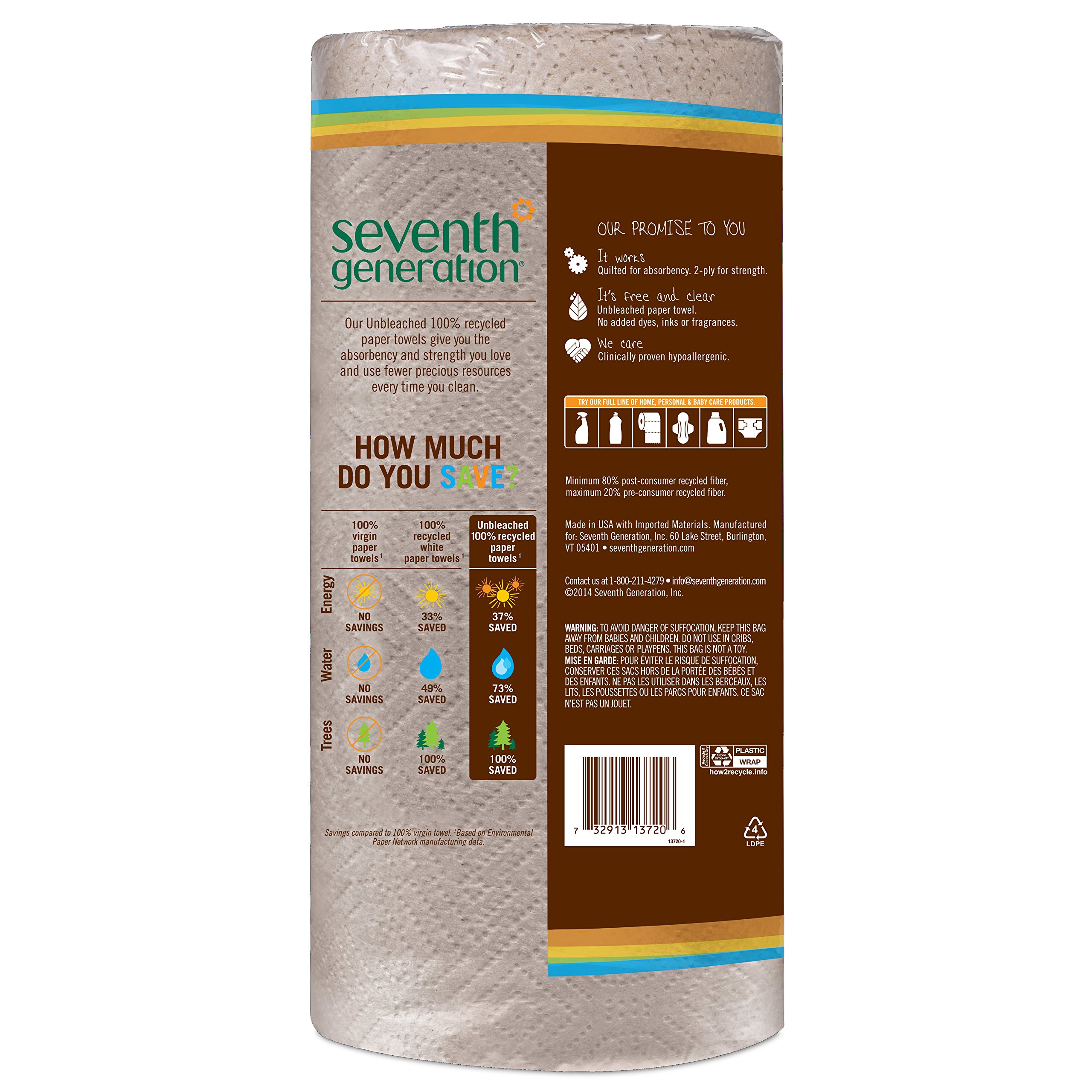 Seventh Generation Unbleached Paper Towels, 100 Recycled Paper, 6