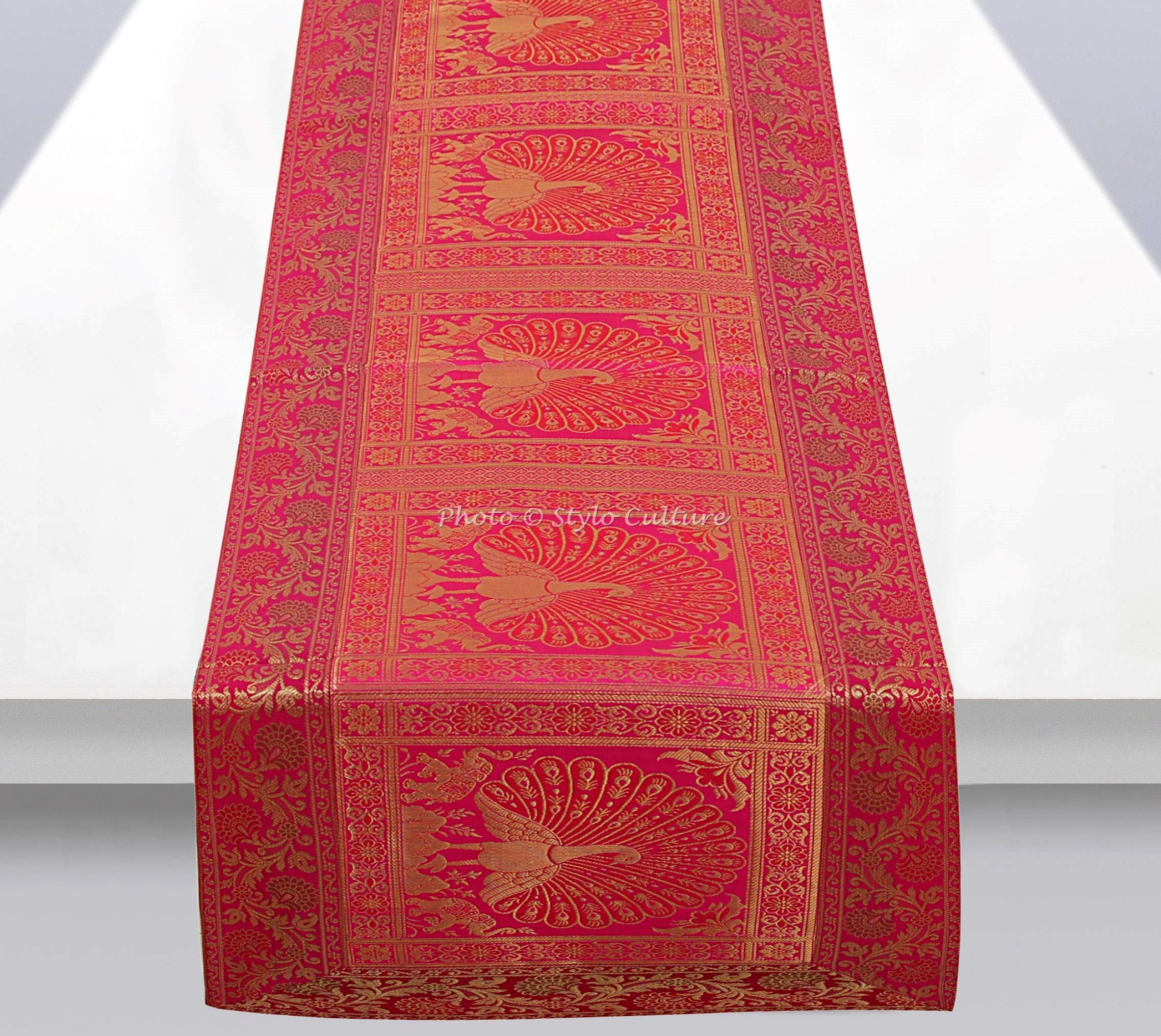 Stylo Culture Ethnic Centre Table Runner For Dining Table Magenta Brocade Jacquard & Satin Boho Decorative Peacock Floral Extra Long Traditional Table Decor | 60x16 Inches ( 152 x 40 cm)