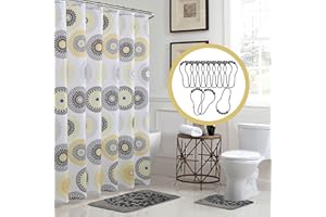 Creative Home Ideas 15-Piece Bathroom Shower Curtain Set – Set of 1 Shower Curtain & 12 Metal Hooks & 1 Bath Mat & 1 Contour Mat, Modern Bathroom Décor, Machine Washable, Raquel Gold