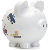 Child to Cherish Ceramic Piggy Bank for Boys, Construction Trucks, White