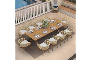 PURPLE LEAF 11 Pieces Outdoor Dining Set All-Weather PE Rattan Outdoor Patio Furniture Set with All Aluminum Frame Rectangular Table and Chairs Set for Lawn Garden Backyard Deck, Teak
