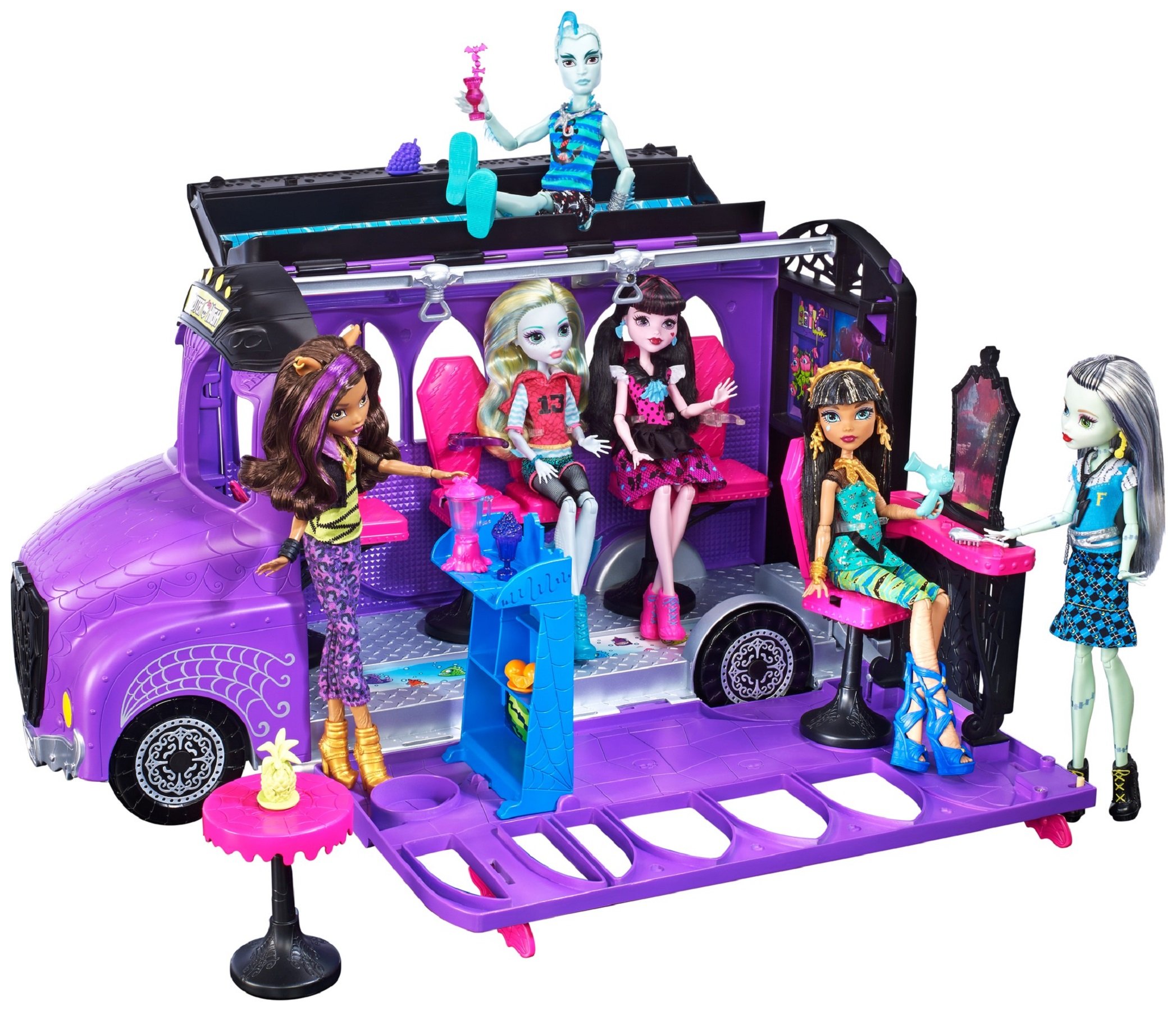 Mattel - Monster High - FCV63 - Deluxe Bus and Mobile Salon Toy Playset - Pedicure Station Pool - Fashion Doll