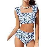 ZAANTI Girls 2 Piece Swimsuit Square Neck Ruched Ruffle Trim Bikini Sets Adjustable Straps Bathing Suit for Teen Girls 9-16Y