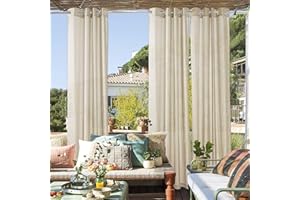 RYB HOME Outdoor Linen Curtains for Porch Waterproof Light & Airy Faux Linen Textured Drape for Balcony Backyard Cabana, 52 I