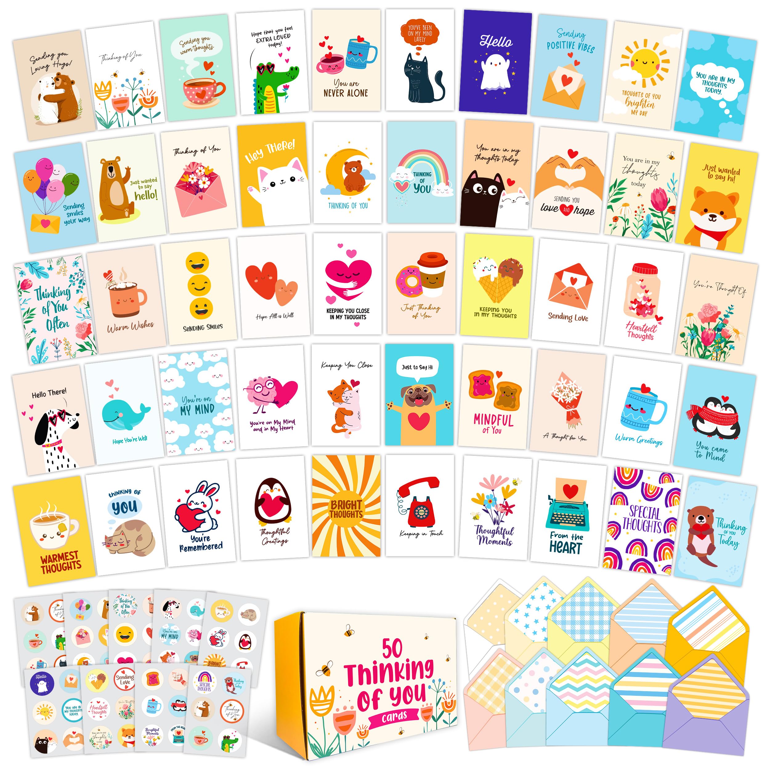 Photo 1 of Decorably 50 Pack 5x7in Assorted Bulk Thinking of You Cards with Envelopes and Stickers, 50 Unique Adorable Designs Folded Thinking of You Cards Bulk with Printed Message Inside
