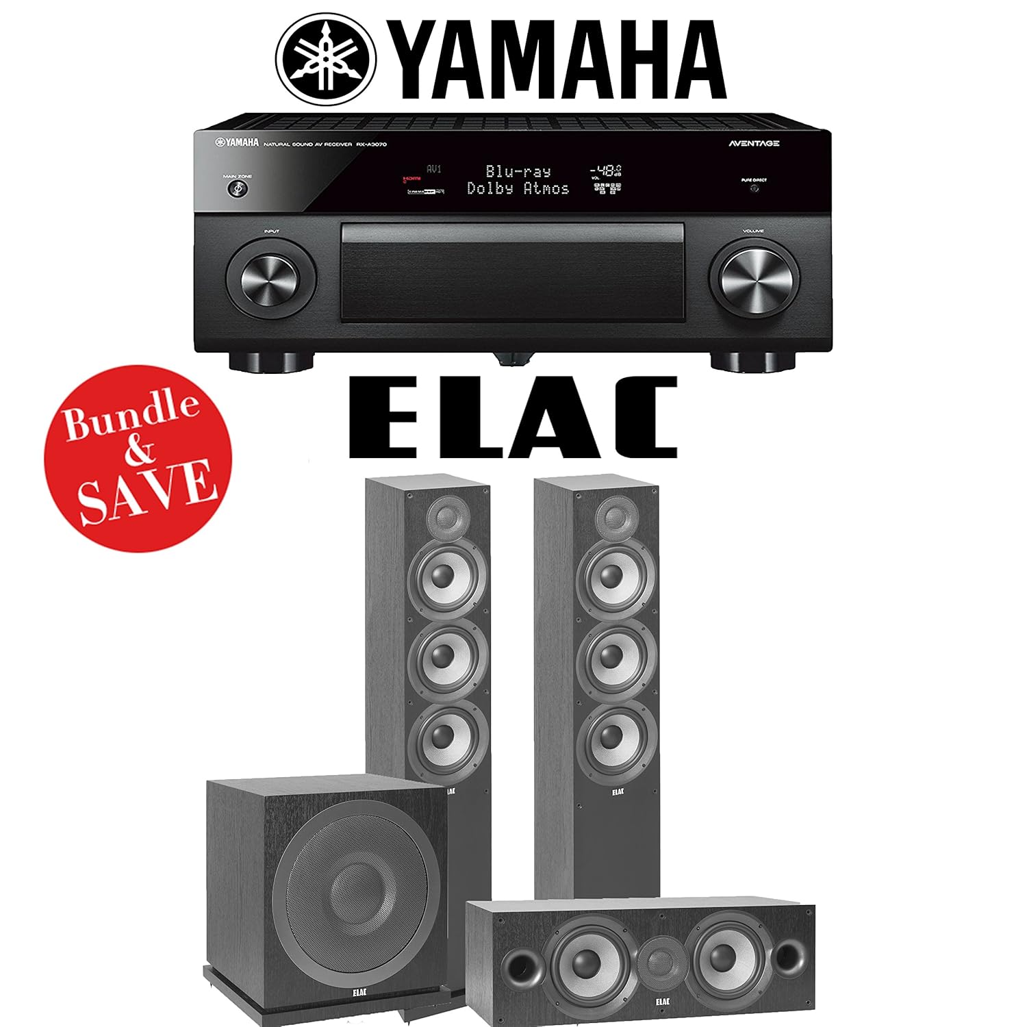 Yamaha AVENTAGE RX-A3070BL 11.2-Ch Dolby Atmos Network AV Receiver + Elac Debut 2.0 F6.2 + Elac Debut 2.0 C6.2 + Elac Sub3010 - 3.1-Ch Home Theater Package